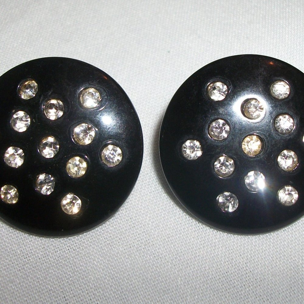 Vintage CORO Black Button Earrings w/ Rhinestones